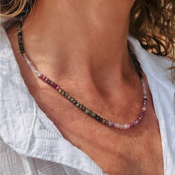 Beaded Necklace Watermelon Tourmaline Ombre Gemstone Jewelry October Birthstone - Picture 8 of 16